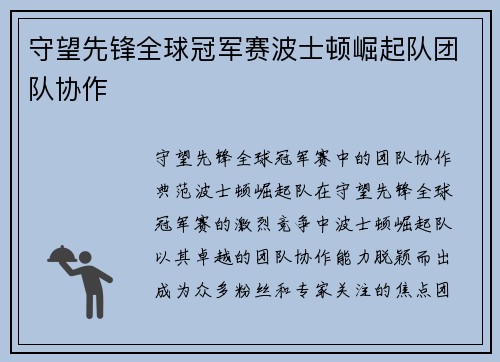 守望先锋全球冠军赛波士顿崛起队团队协作