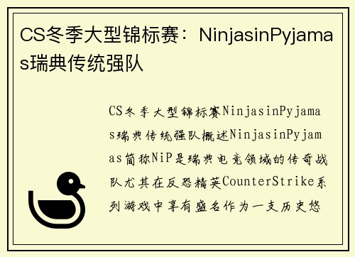 CS冬季大型锦标赛：NinjasinPyjamas瑞典传统强队